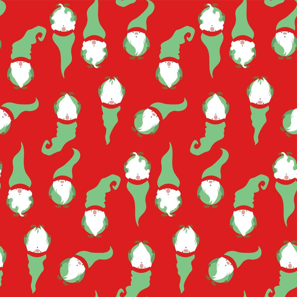 Seamless print set of Christmas Gnome, Scandinavian Nordic Gnome, Cute Christmas Santa Gnome Elf. Vector Illustration isolated on red background. Xmas elements for paper design