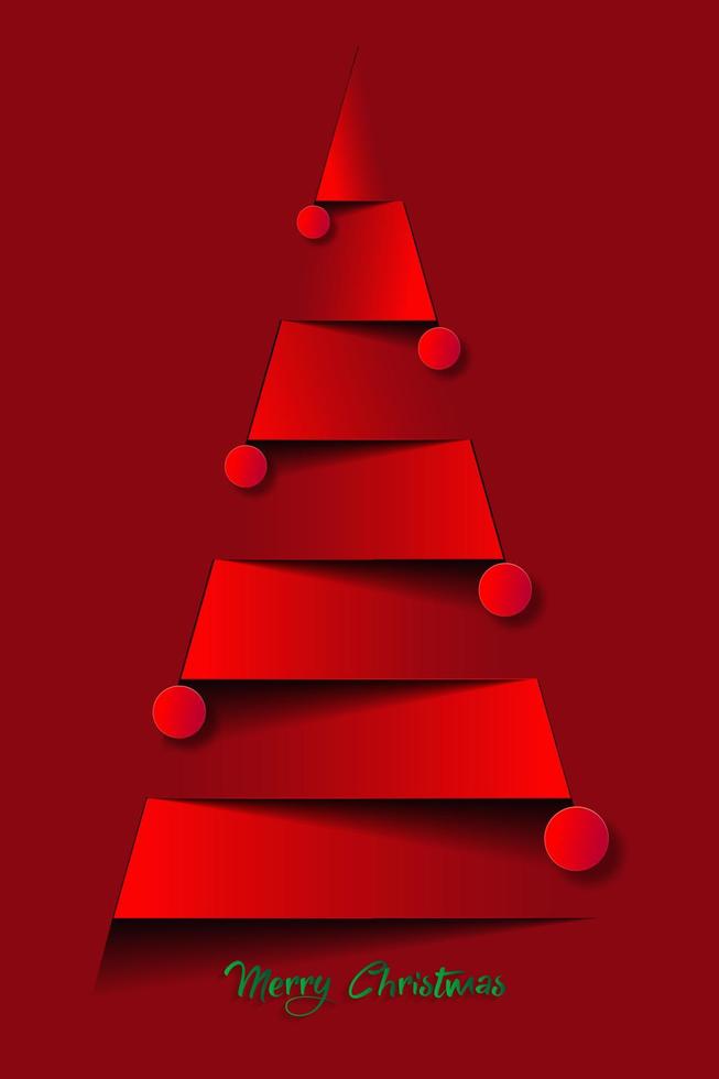 Paper christmas tree and christmas balls. Vector new year card in paper cut style, red background