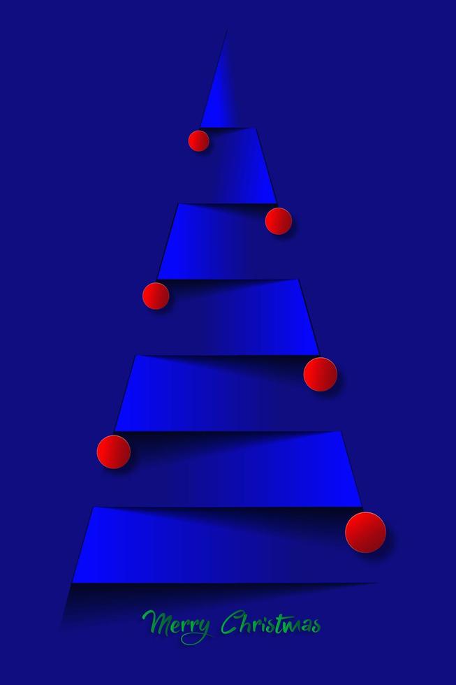 Paper christmas tree and red christmas balls. Vector new year card in paper cut style, blue background and green text Merry Christmas