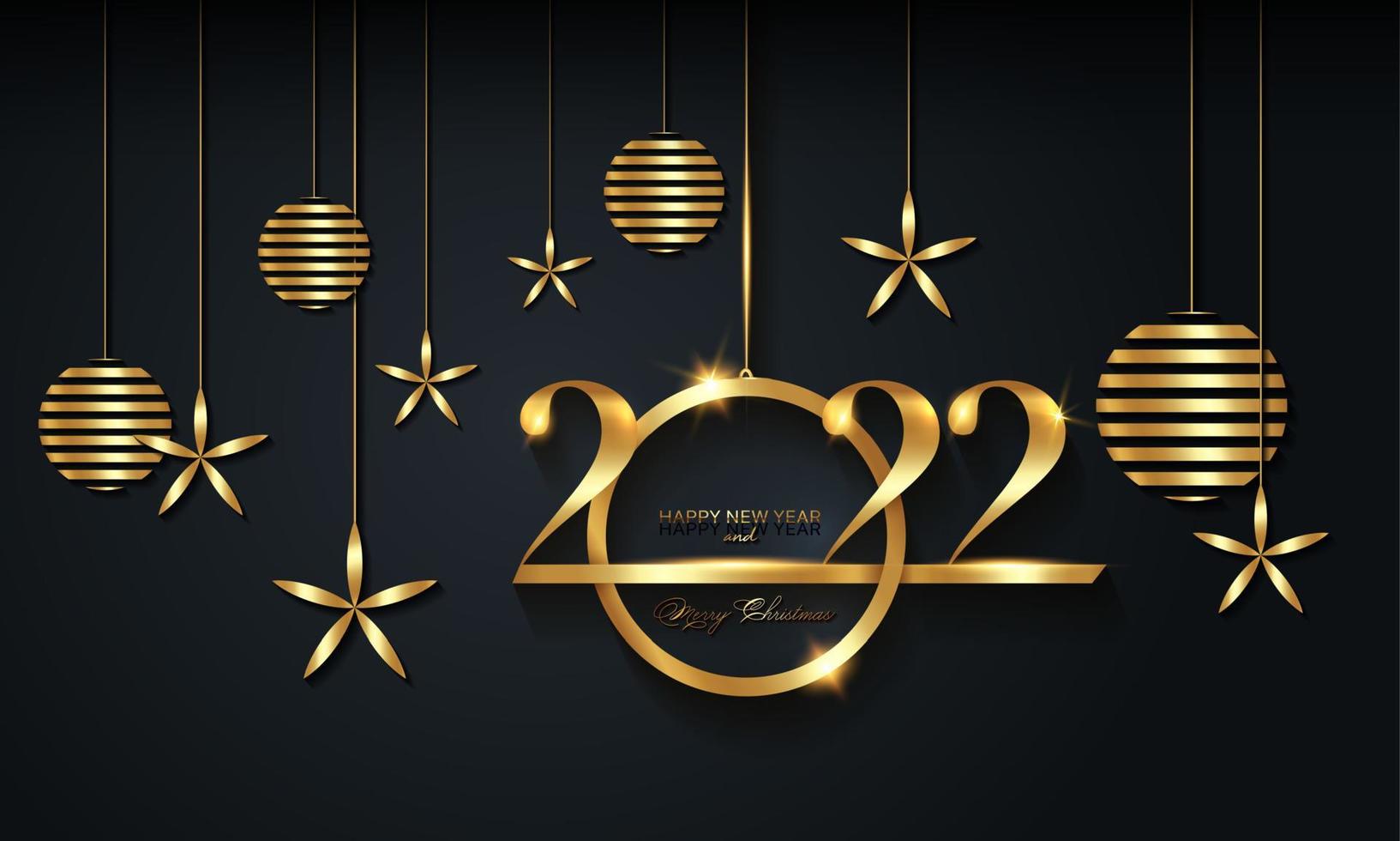 2022 Christmas luxury holiday banner with gold handwritten Merry Christmas and Happy New Year, gold colored Christmas balls. Vector illustration isolated on black background