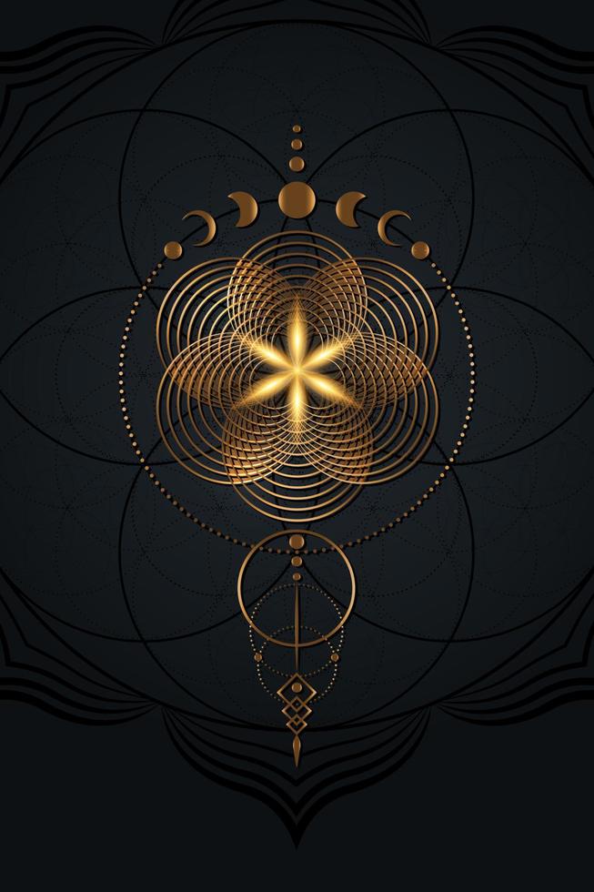 Mystical flower of life and Moon Phases, Sacred geometry. Gold Seed of life. Pagan Wiccan goddess symbol, old golden wicca banner sign, energy circles, boho style vector isolated on black background