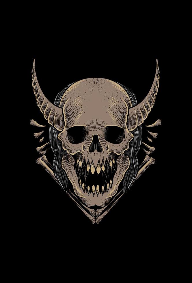 Skull with hair and bone artwork illustration vector