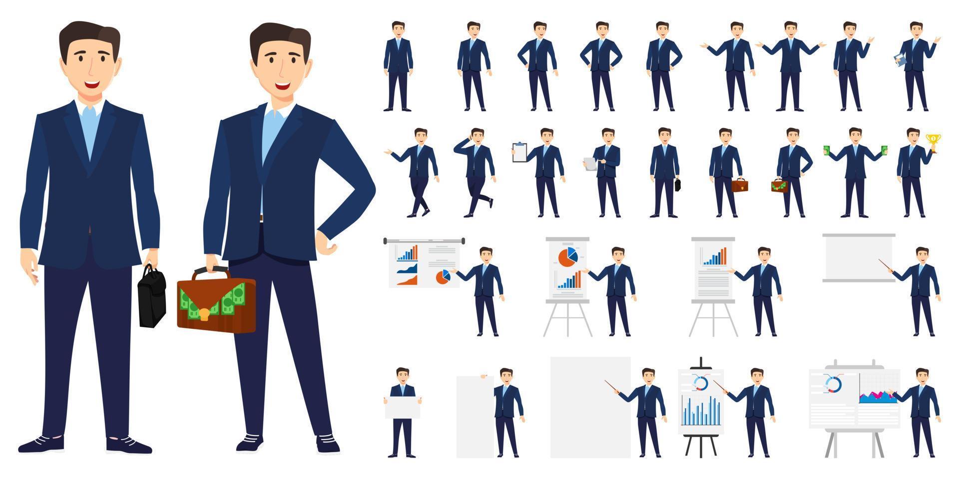 Lindo juego de caracteres de empresario vistiendo traje de negocios moderno y de pie con diferentes poses y con tablero de presentación con gráfico de ventas aislado y posando vector