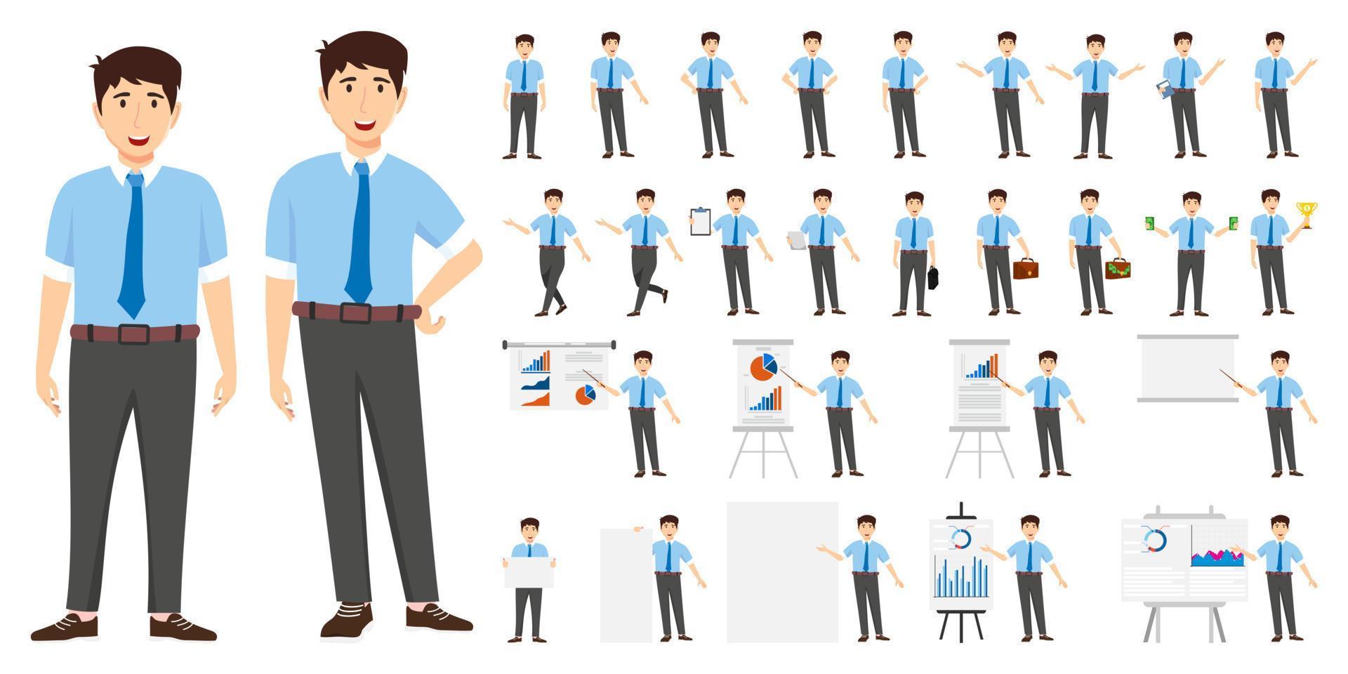 Businessman character set wearing business outfit and standing with different poses and with podium presentation board with sales graph chart isolated and posing vector