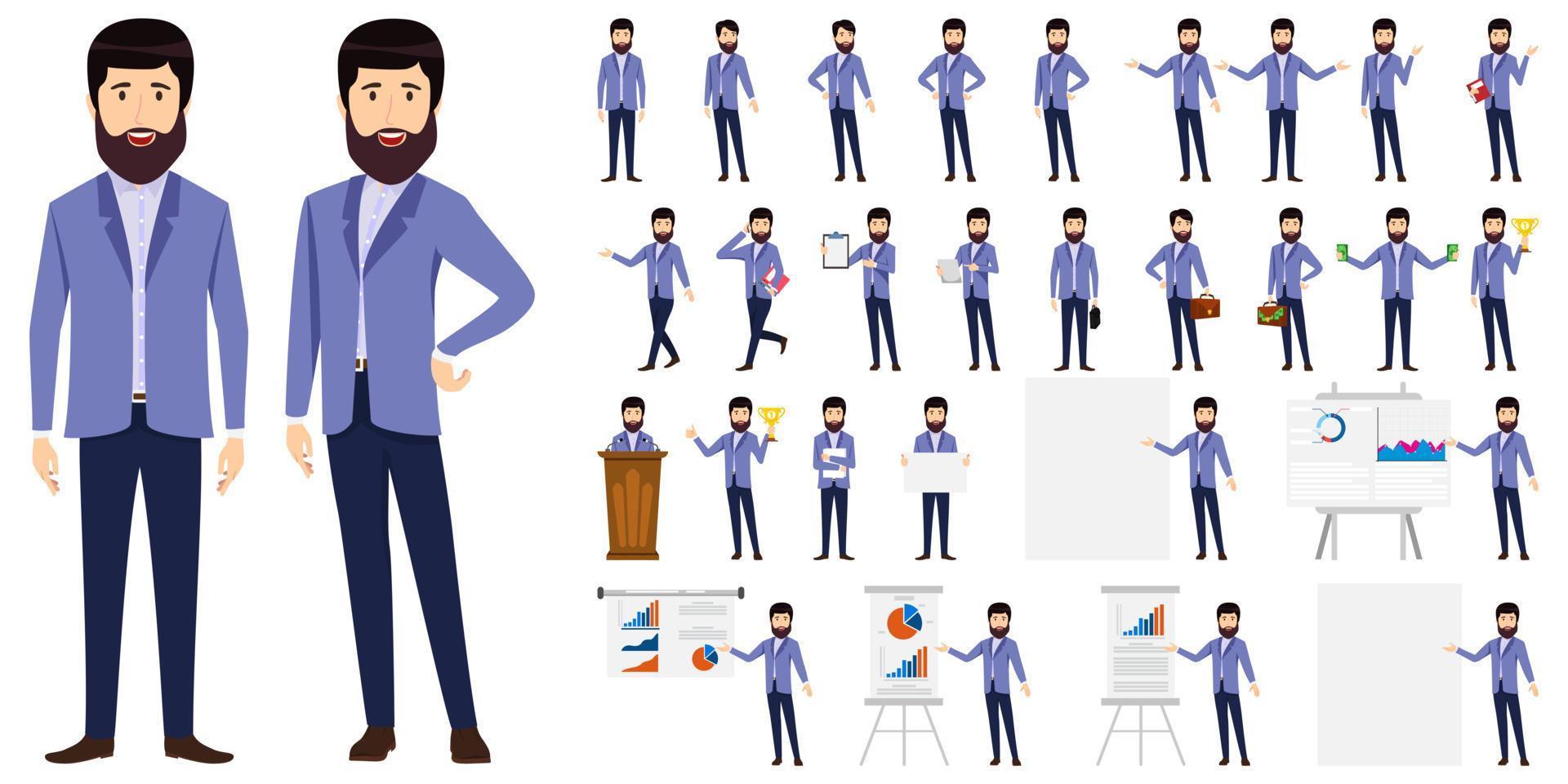 Lindo juego de caracteres de hombre de negocios con traje de negocios moderno y de pie con diferentes poses y con tablero de presentación de podio con gráfico de ventas aislado y posando vector