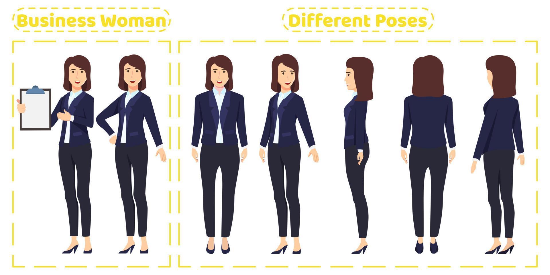 Cute business woman character set wearing cute business outfit with different poses front side back view with cheerful facial expressions Animation creation isolated with clipboard vector