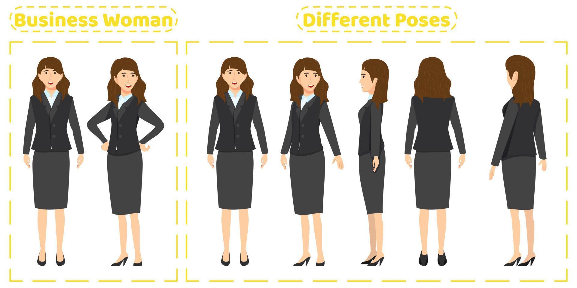 lindo personaje de mujer de negocios con diferentes poses vista frontal lateral posterior con expresiones faciales alegres creación de animación aislada vector