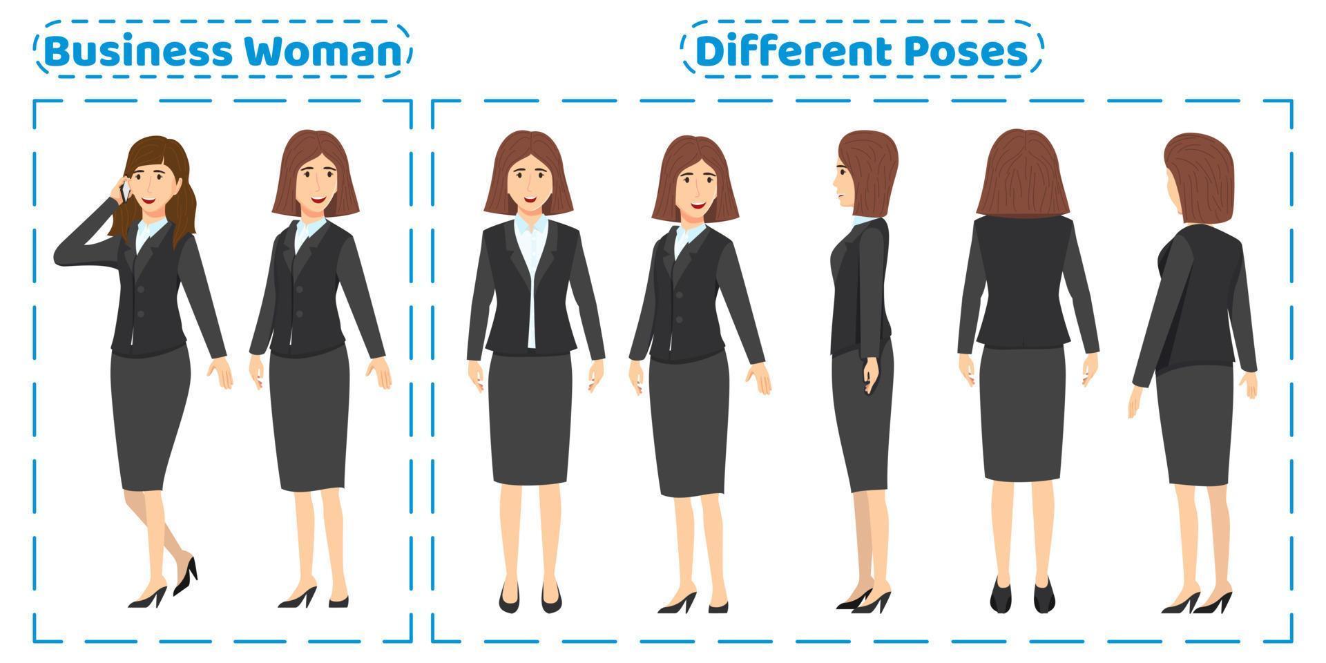 Conjunto de caracteres de mujer de negocios con diferentes poses vista frontal lateral posterior con expresiones faciales alegres creación de animación aislada vector