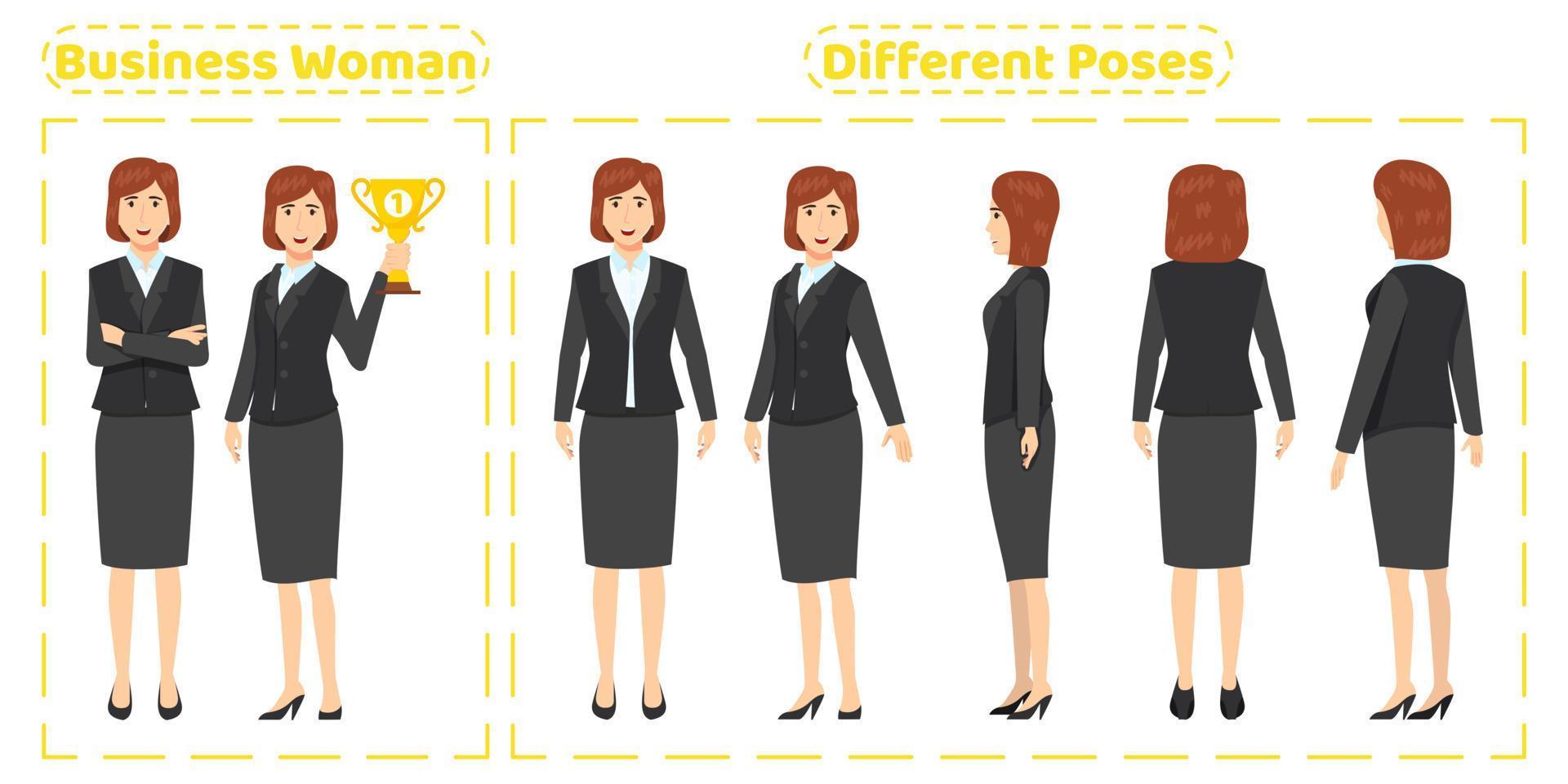 Conjunto de caracteres de mujer de negocios con diferentes poses vista frontal lateral posterior con creación de animación de expresiones faciales alegres vector