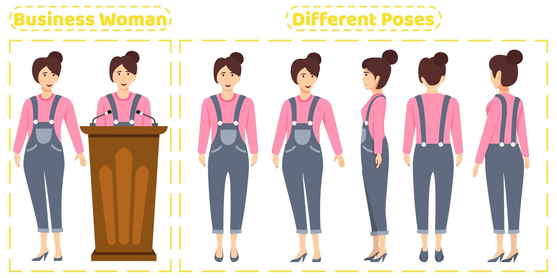 conjunto de caracteres de mujer de negocios vistiendo un lindo traje de negocios con diferentes poses, vista frontal, posterior, con expresiones faciales alegres, creación de animación vector