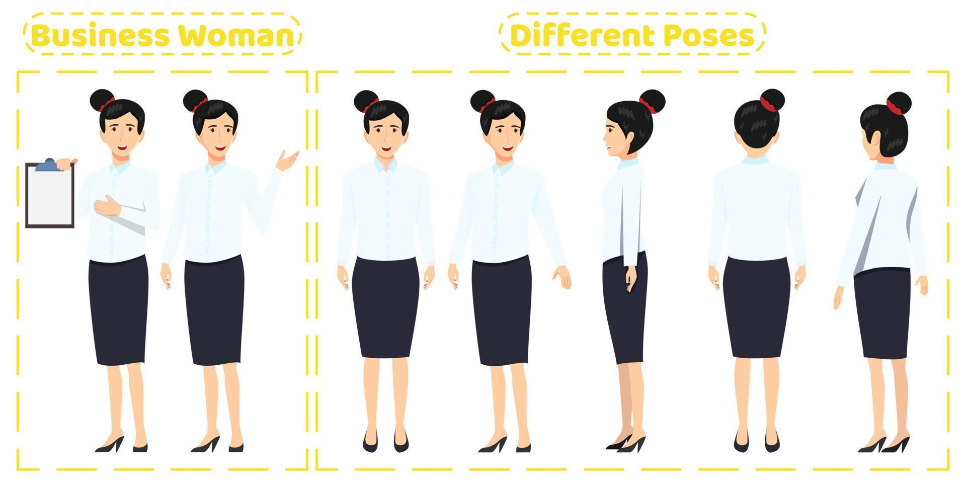 Conjunto de caracteres de mujer de negocios vistiendo un lindo traje de negocios con diferentes poses, vista frontal y posterior con expresiones faciales alegres, creación de animación aislada vector