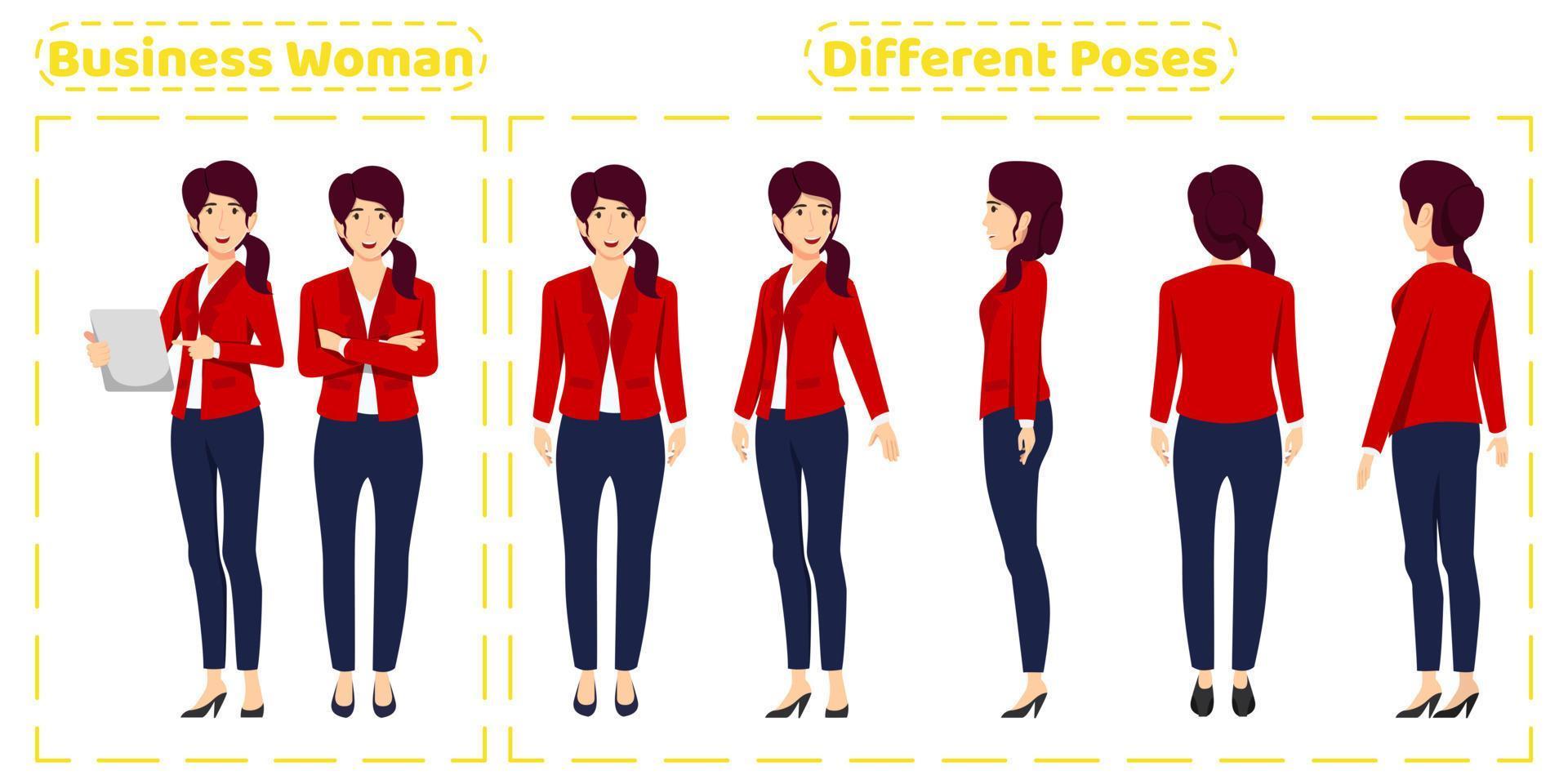 Cute business woman character set wearing cute business outfit with different poses front side back view with cheerful facial expressions Animation creation isolated with tablet vector