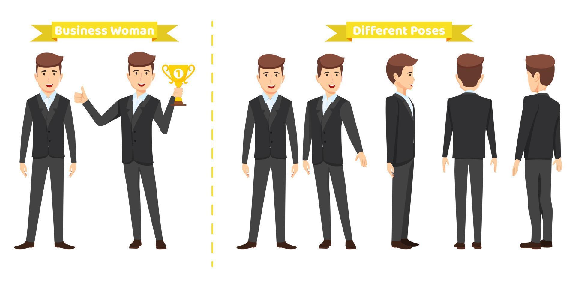 Businessman character set wearing business outfit with different pose with front side back view for animation creation isolated vector
