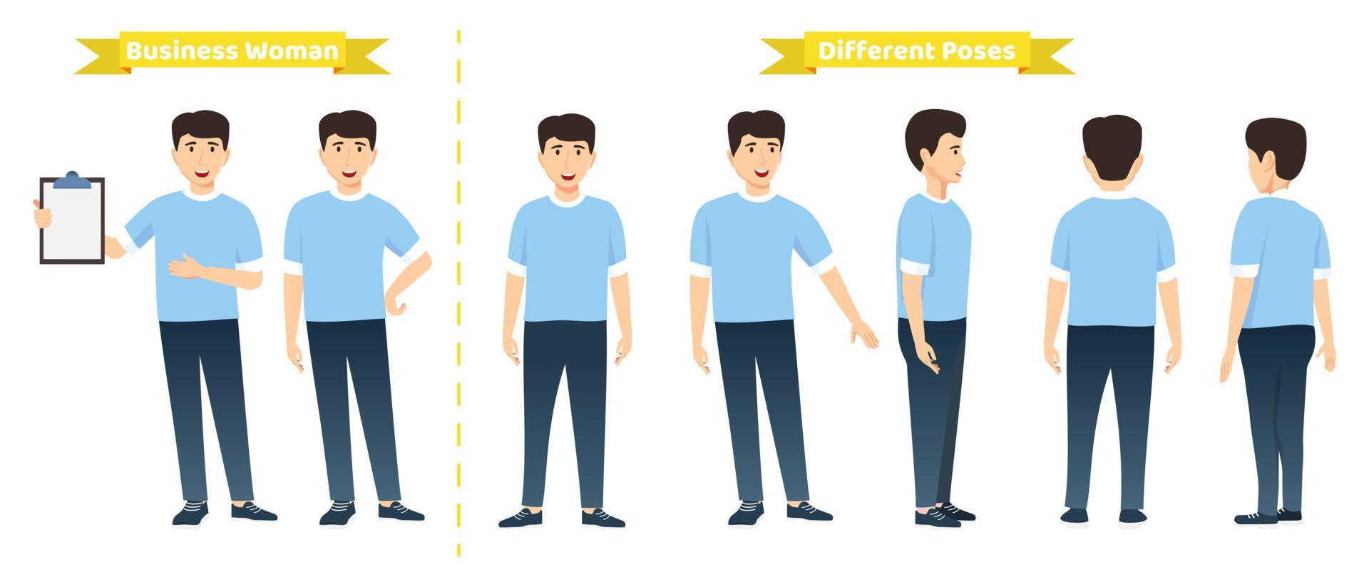 Modern businessman character set wearing cute T-Shirt outfit with different pose with front side back view for animation creation colorful vector