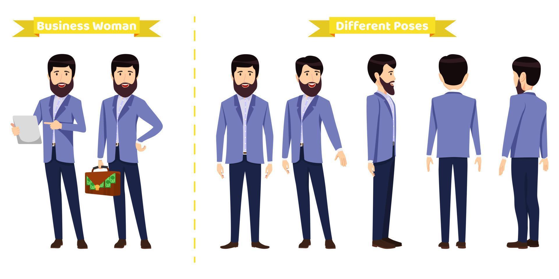 Modern cute businessman character set wearing business outfit with different pose with front side back view for animation creation vector