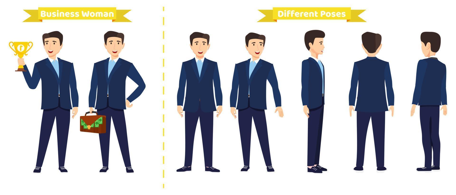 Modern cute businessman character set wearing business outfit with different pose with front side back view for animation creation isolated vector