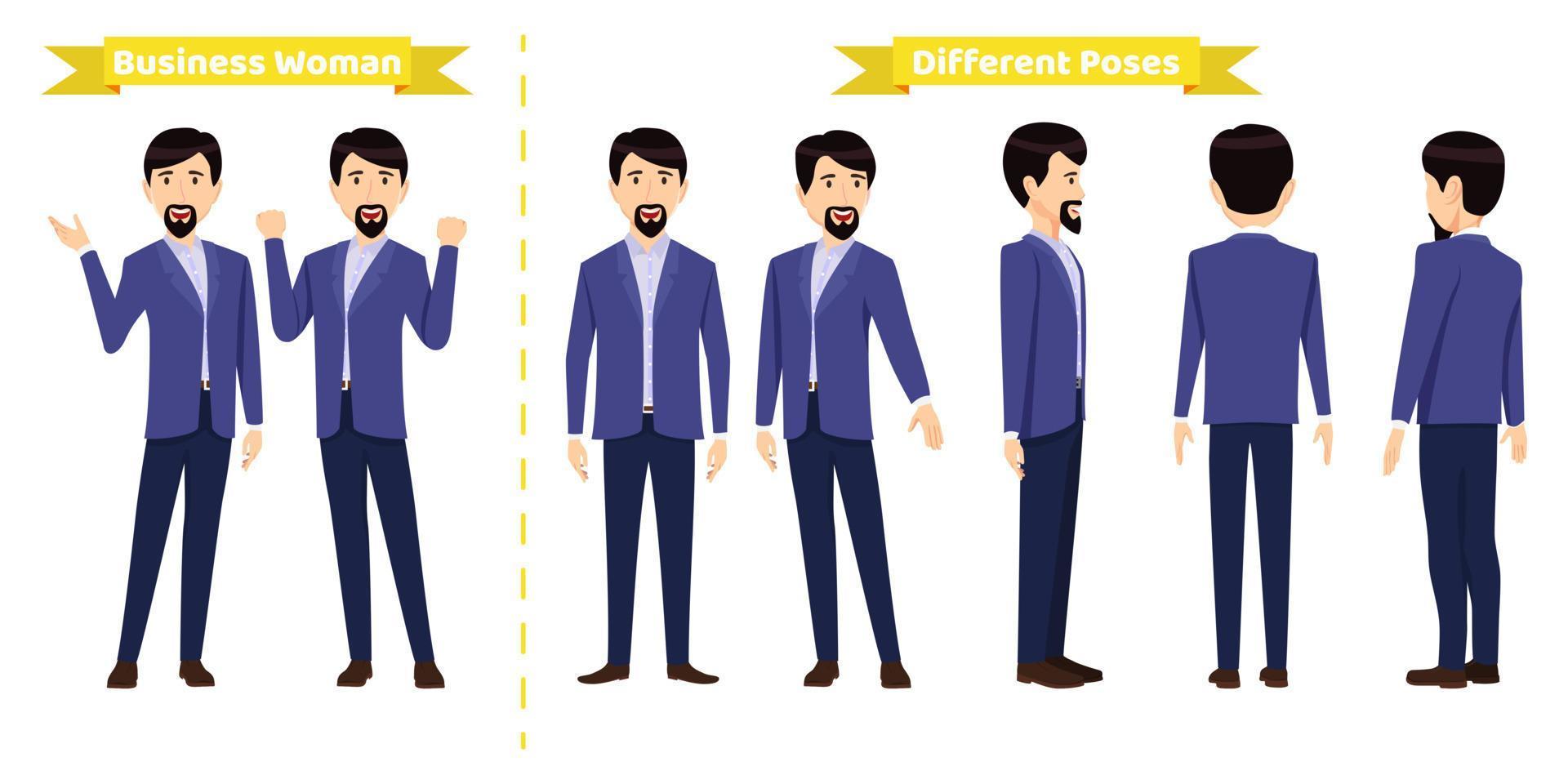 Modern businessman character set wearing business outfit with different pose with front side back view for animation creation vector
