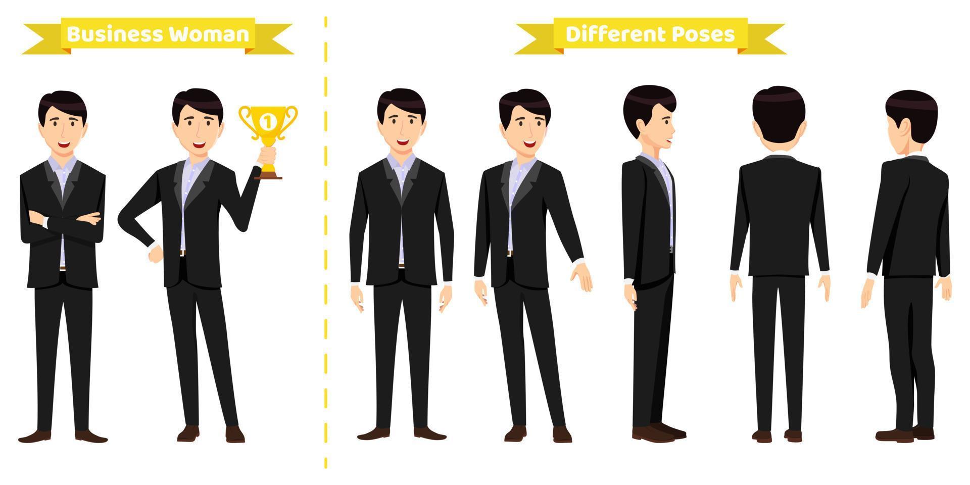 Businessman character set wearing business outfit with different pose with front side back view for animation creation vector