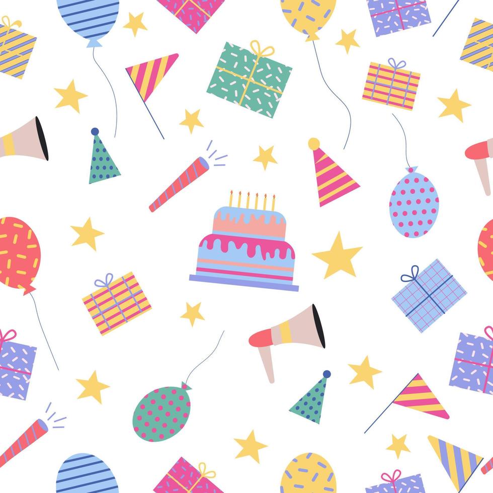 Seamless pattern with Festive Birthday Party objects. Gift boxes and confetti, balloons and flags, cake and caps vector