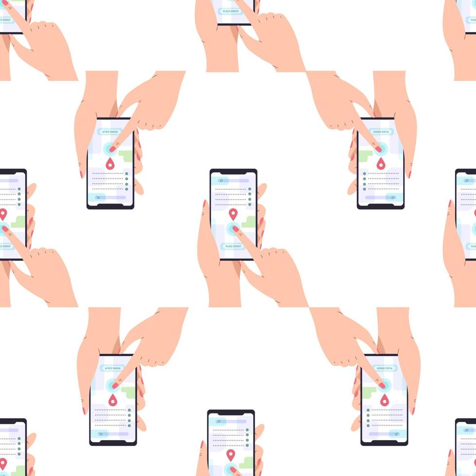Seamless pattern with Female hand holding smartphone with city map on screen. vector