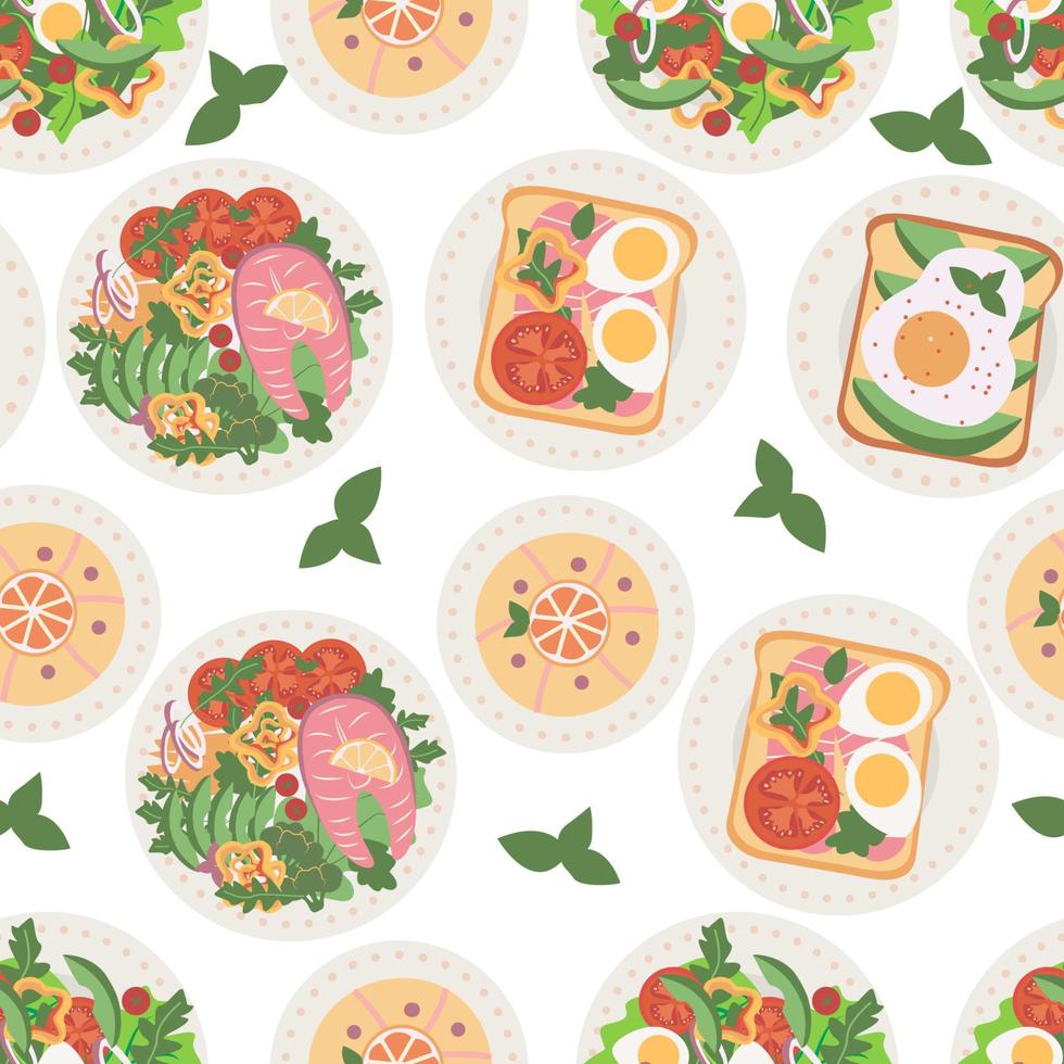 Seamless pattern with Delicious and fresh dishes set, salads and sandwiches, healthy eating vector