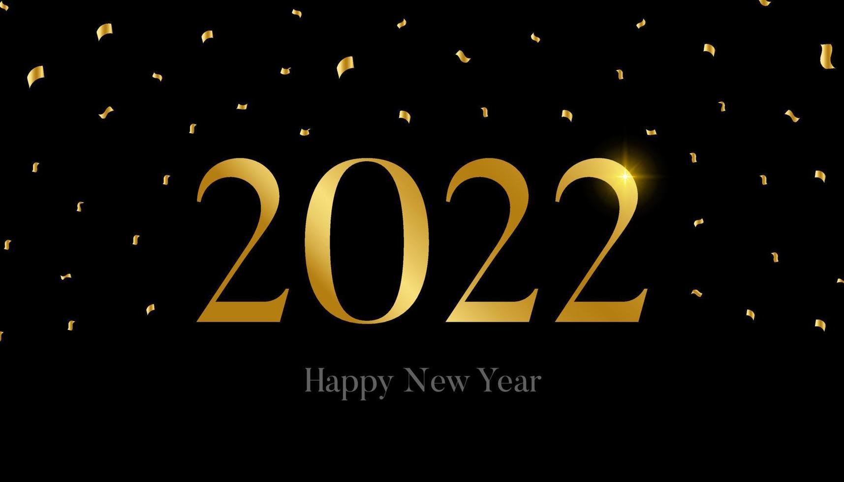 Luxurious and elegant 2022 Happy New Year design with black and gold background and New Year party ornaments. Vector Illustration
