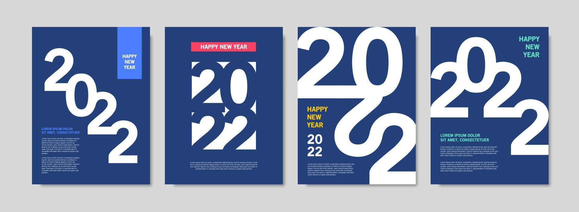 Creative concept of 2022 Happy New Year posters set. Design templates with typography logo 2022 for celebration and decoration. Minimalistic trendy backgrounds for branding, banner, cover, card. vector