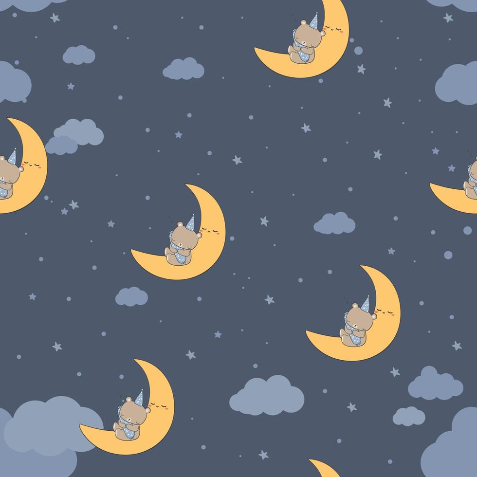 seamless pattern with teddy bear sleeping on the moon cartoon illustration vector