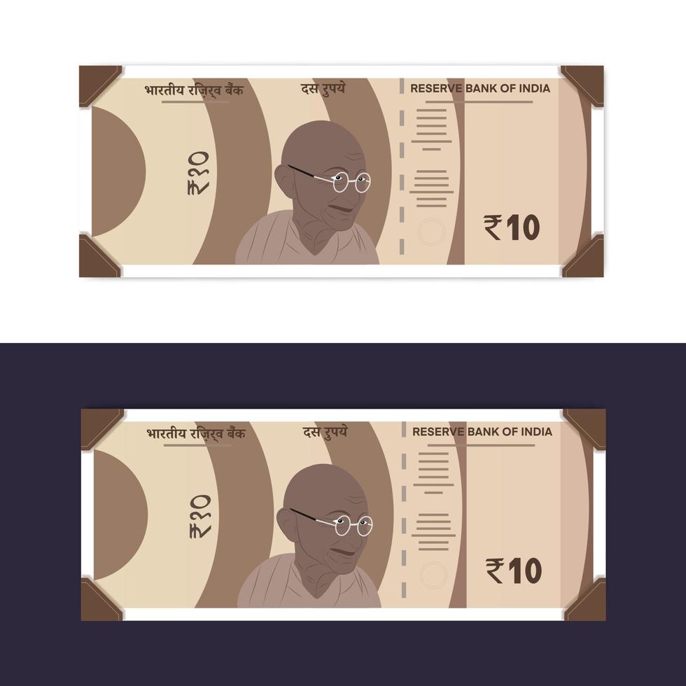 India nuevos billetes de 10 rupias en fondo blanco. vector