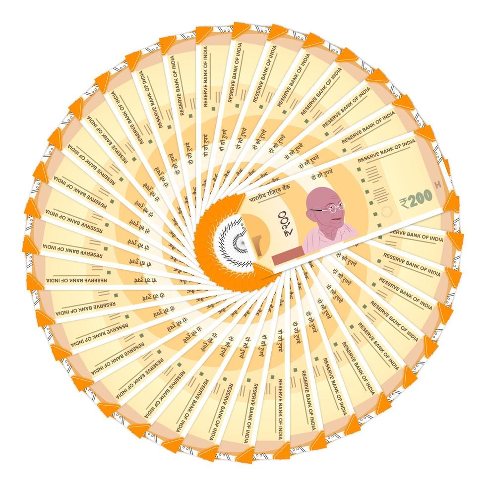 India new 200 rupee currency notes in white background in circle shape top view vector