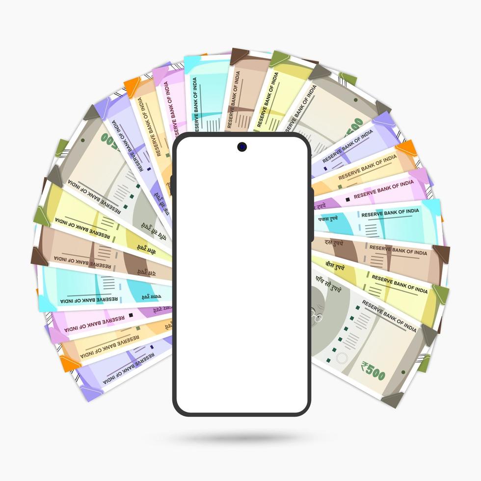 Indian rupee notes with mobile phone in white background vector