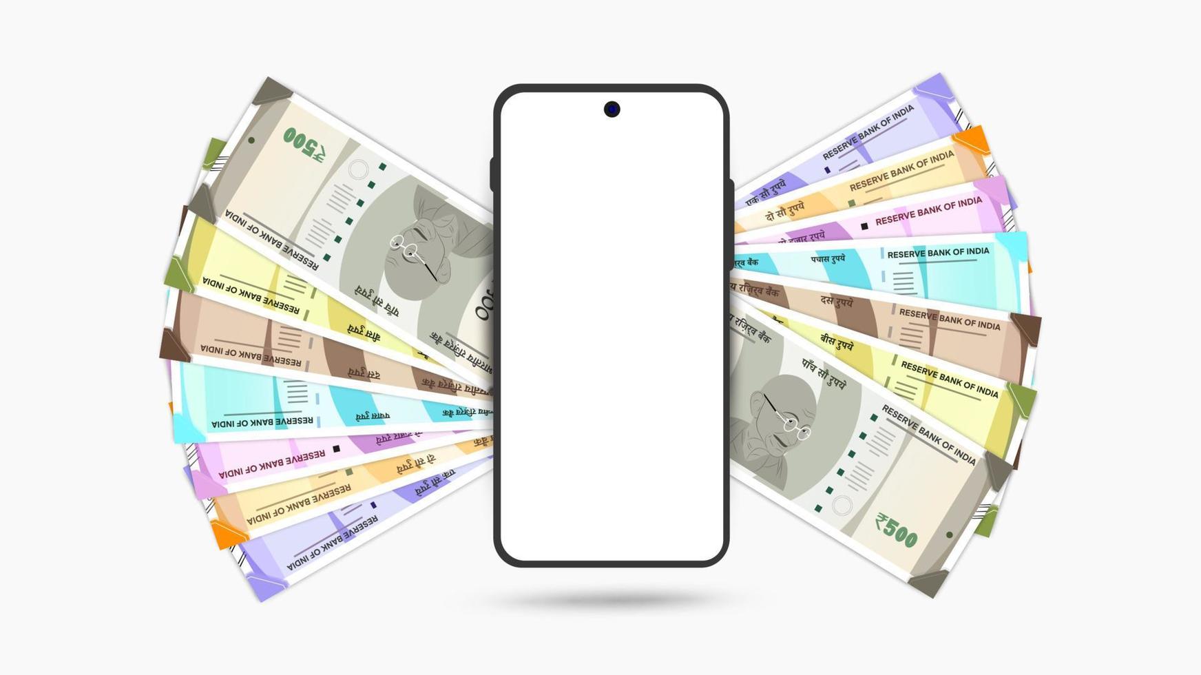 Notas de la rupia india con teléfono móvil en fondo blanco. vector