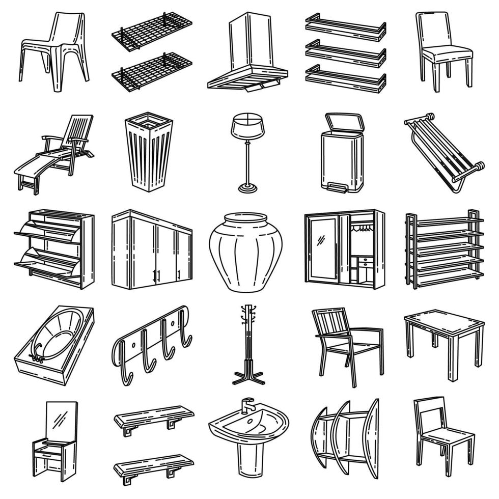 Furniture and Home Decoration Set Icon Vector. Doodle Hand Drawn or Outline Icon Style vector