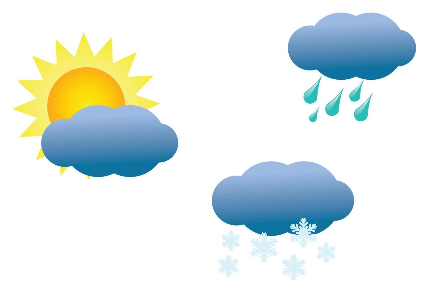 Weather icons set on transparent background. Vector illustration of blue clouds, sun, winter and thunderstorm