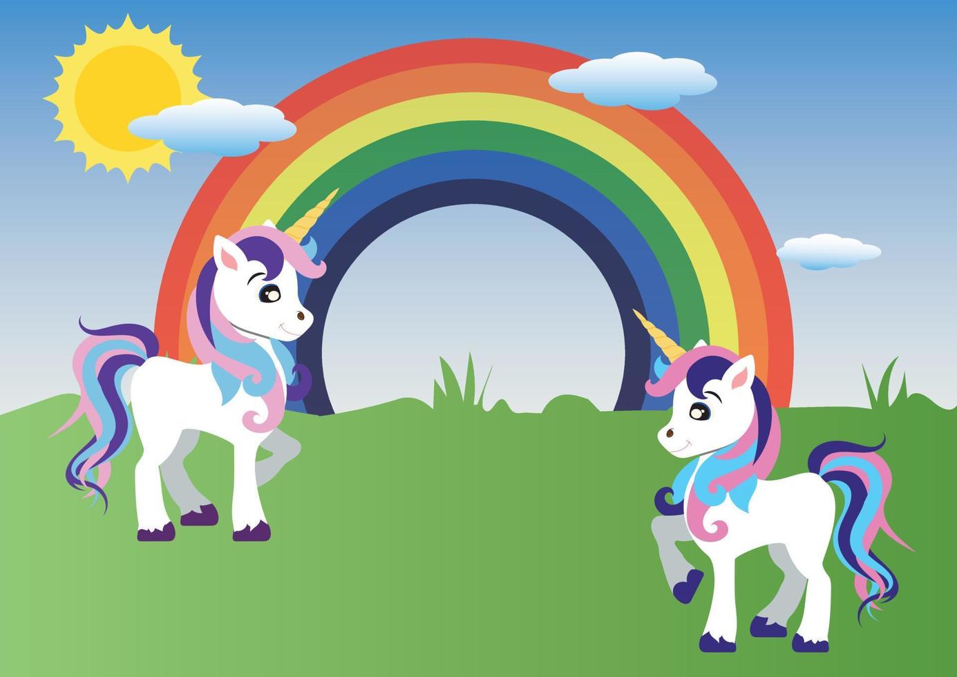 Two Unicorns. Rainbow, sun, blue sky. Vector unicorn