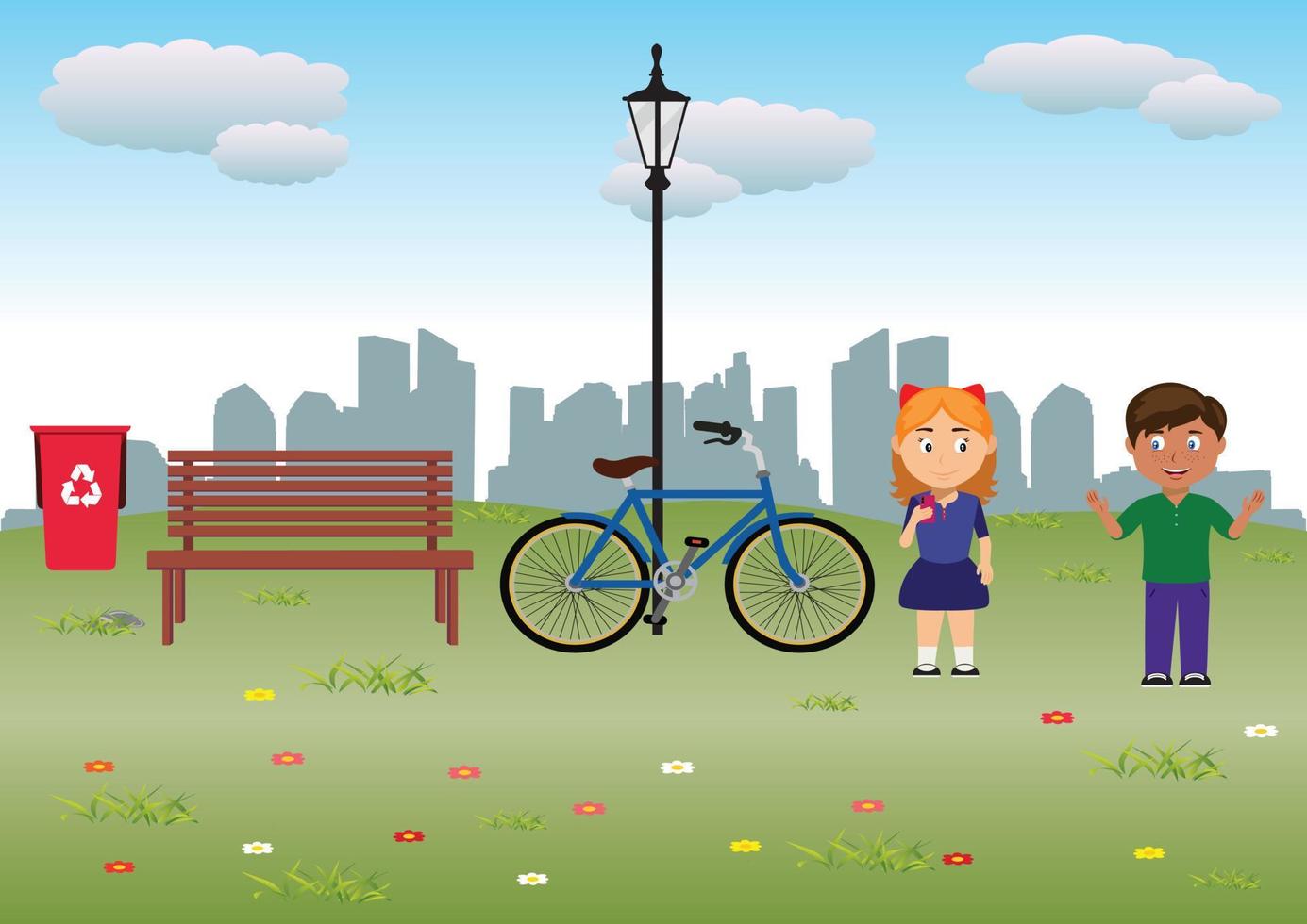 Two children are talking in the park. Two kids outside. Boy, Girl, Bike, Park, Town vector