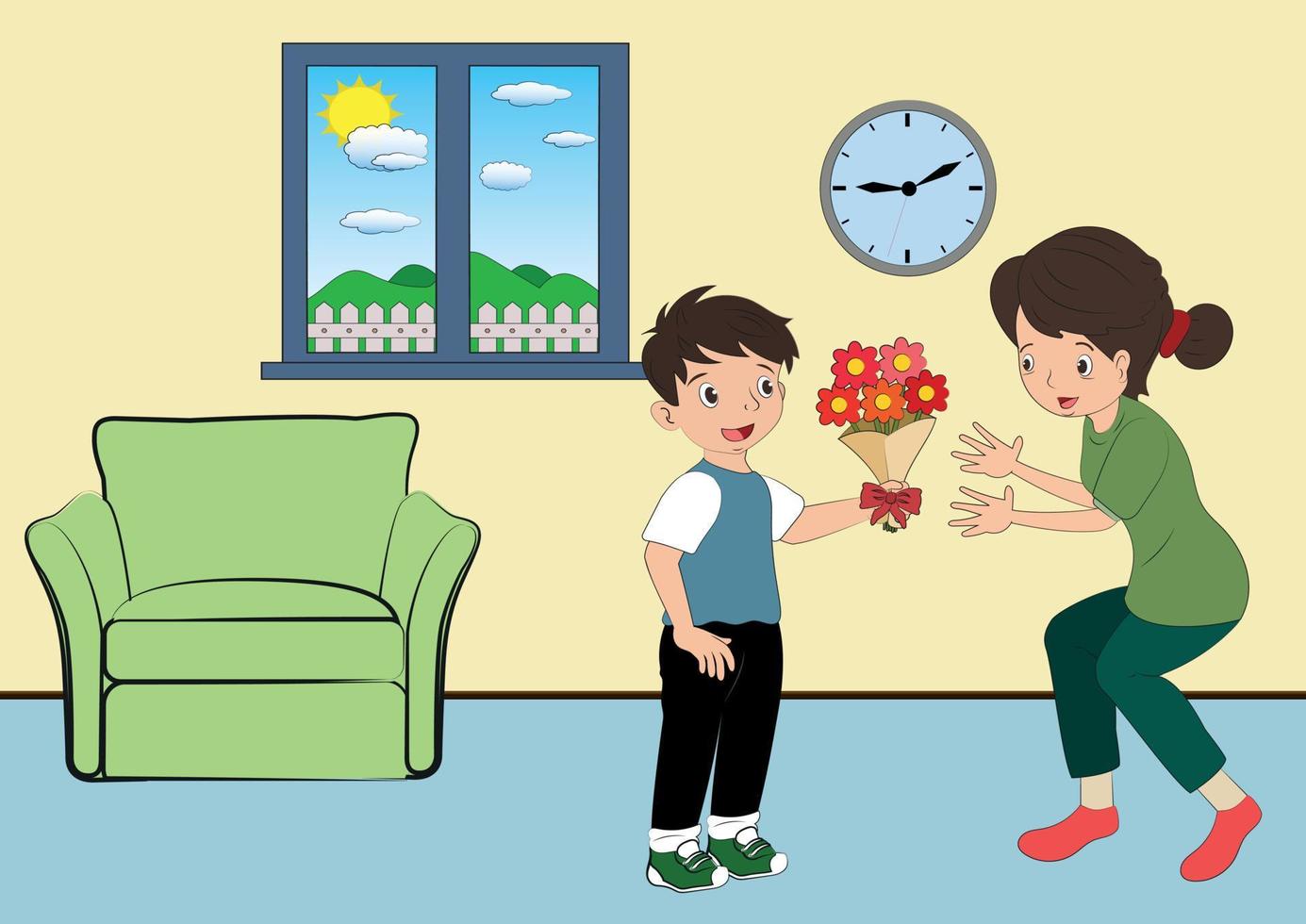 The child give his mother a bouquet of flowers vector
