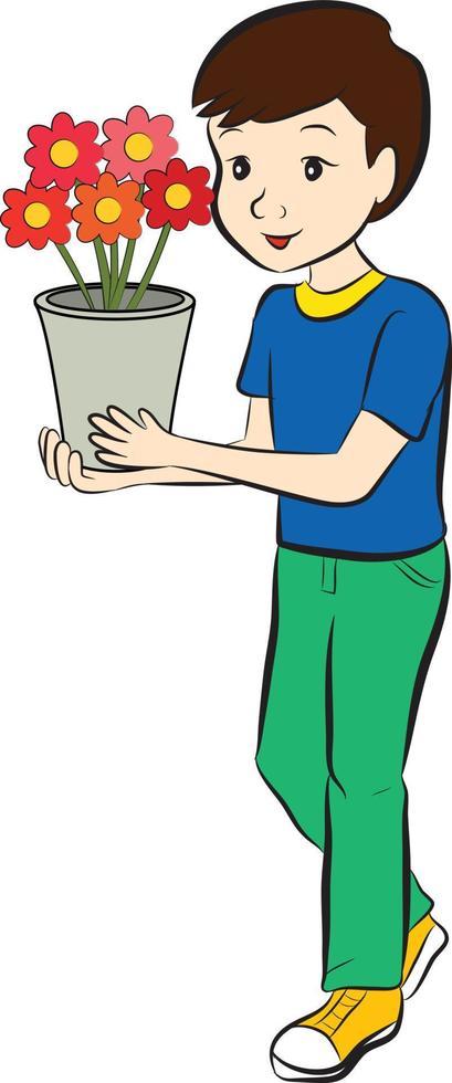 Vector Illustration of Boy Holding a Flower Pot