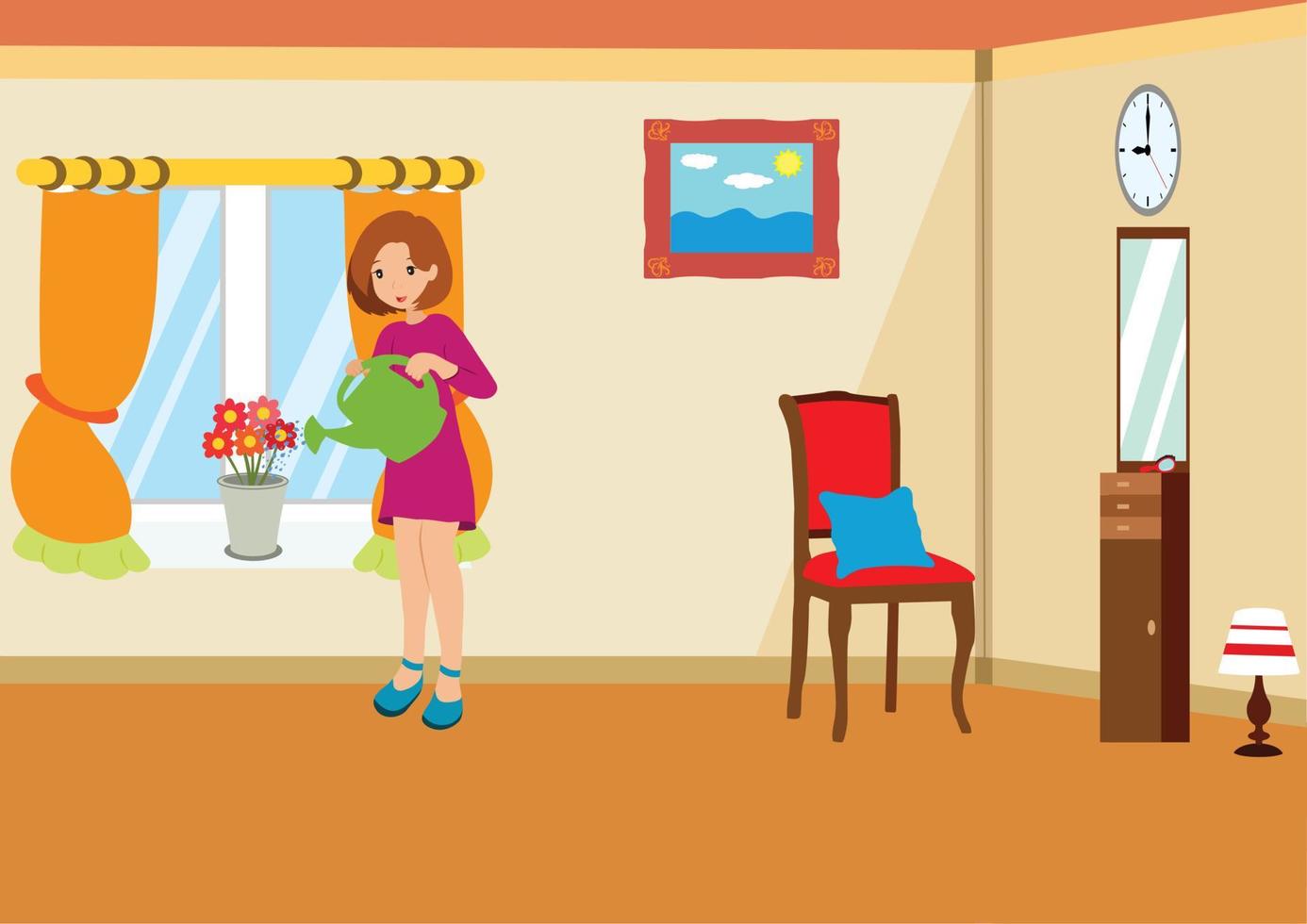 Vector Illustration of a Girl Who Wet the Flowers