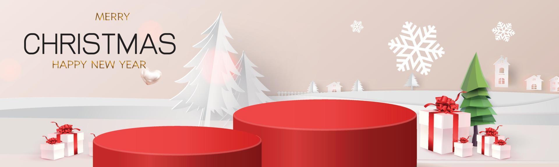 podium stage christmas newyear red background tree for mockup shopping advertising vector illustration