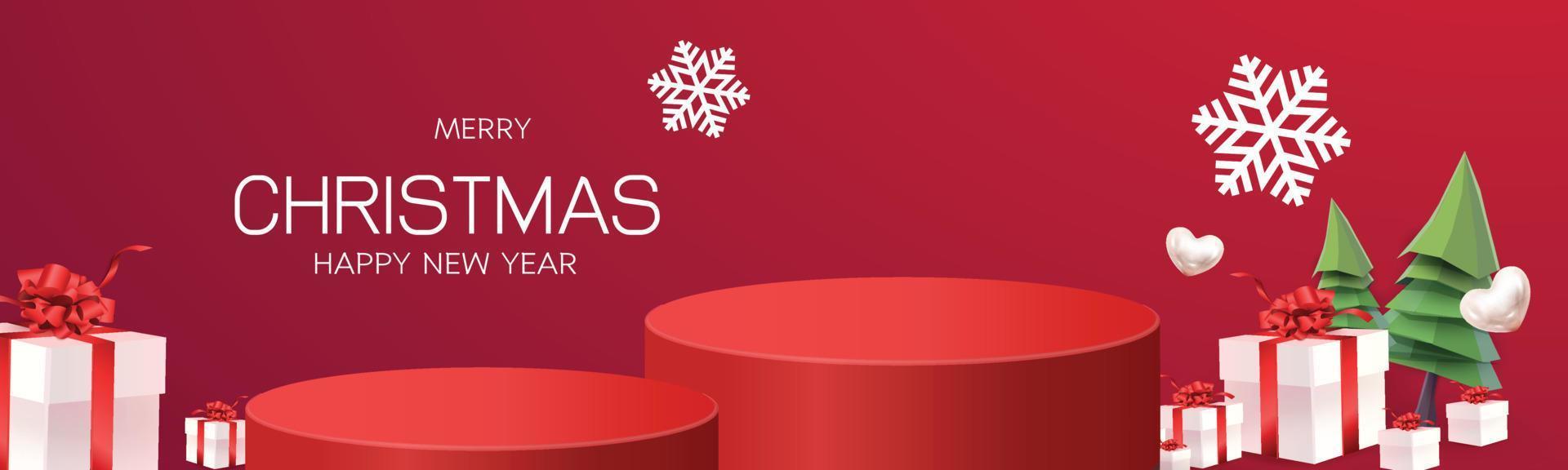 podium stage christmas newyear red background tree for mockup shopping advertising vector illustration