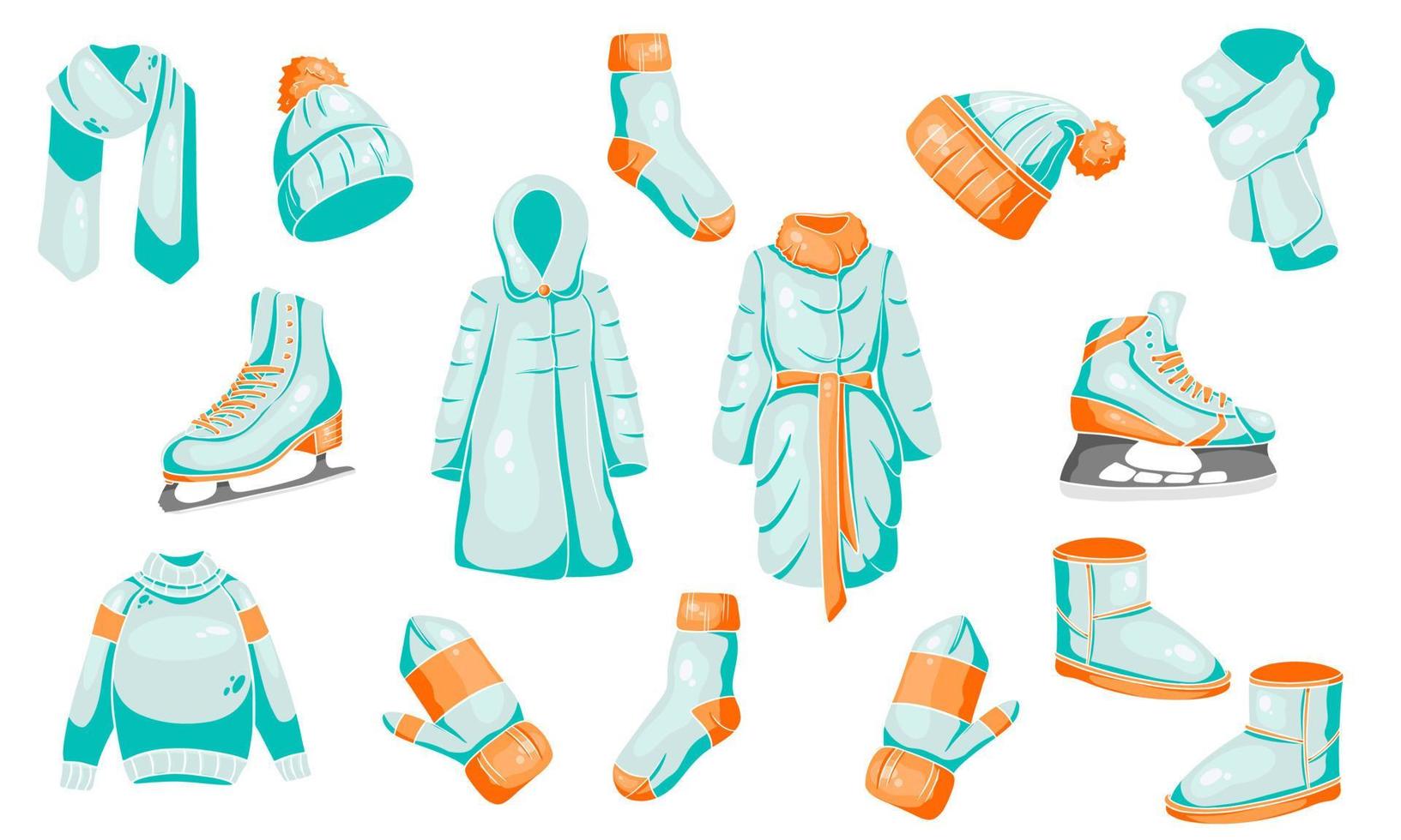 un conjunto de cosas de invierno. colección de ropa de abrigo. estilo de dibujos animados. vector