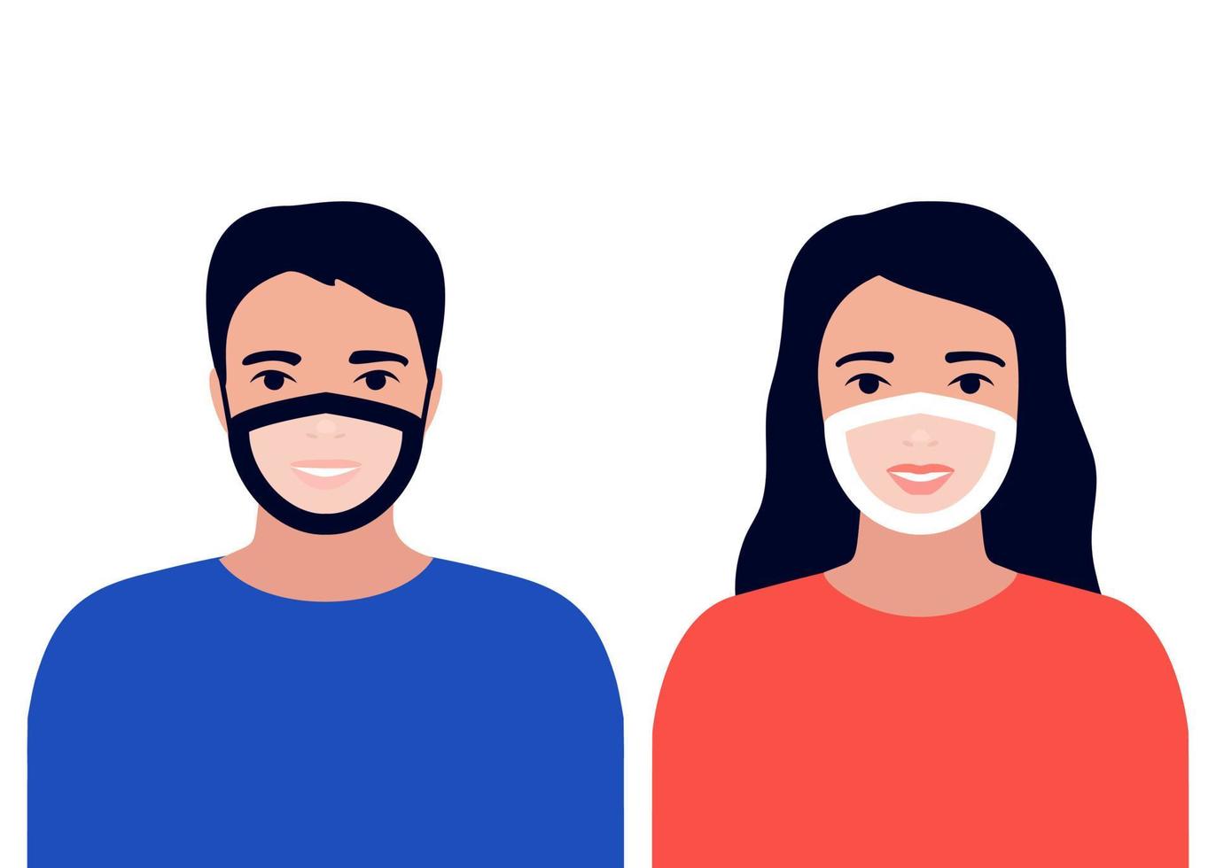 Face mask with transparent window for man and woman. Focus on eyes to understand lip reading. Help hearing impairment or deaf people during coronavirus. Vector illustration
