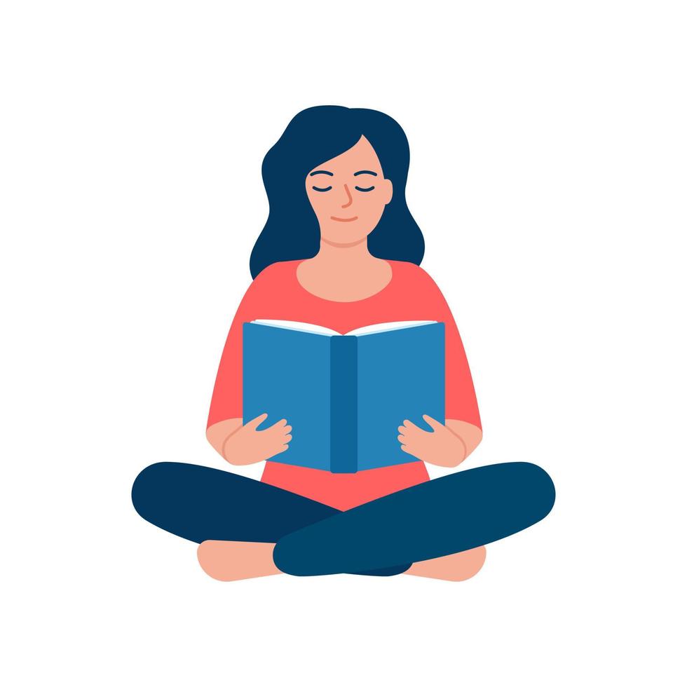 Girl reading and study book, self education. Knowledge from book, useful information, hobby of woman. Vector