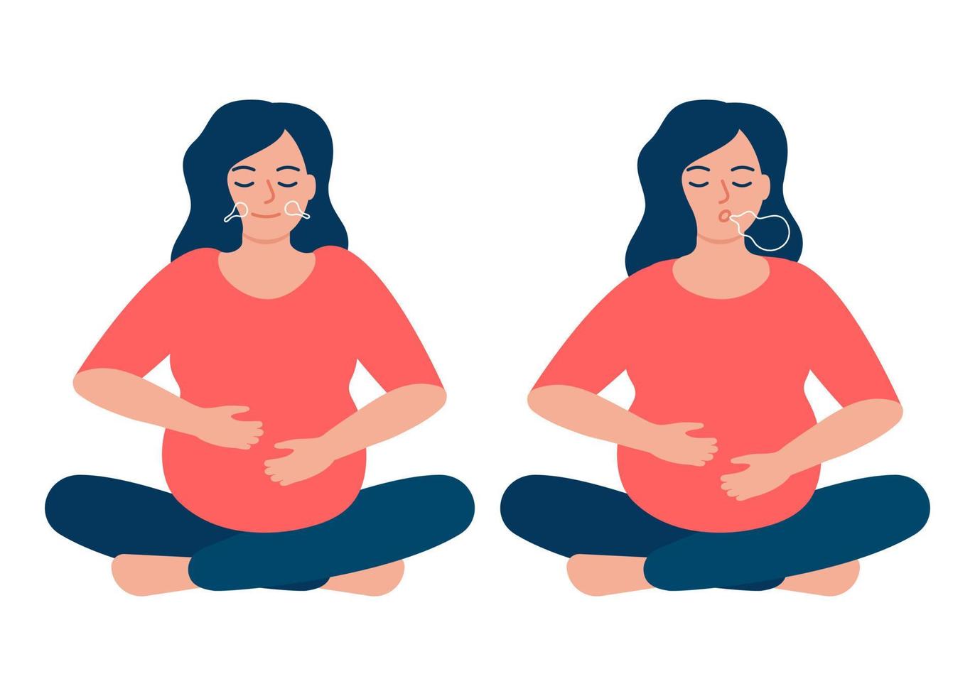 La mujer embarazada está haciendo ejercicio de respiración respiratoria, exhala e inhala profundamente. ejercicio de respiración. Yoga saludable y relajación, mantén la calma. ilustración vectorial vector