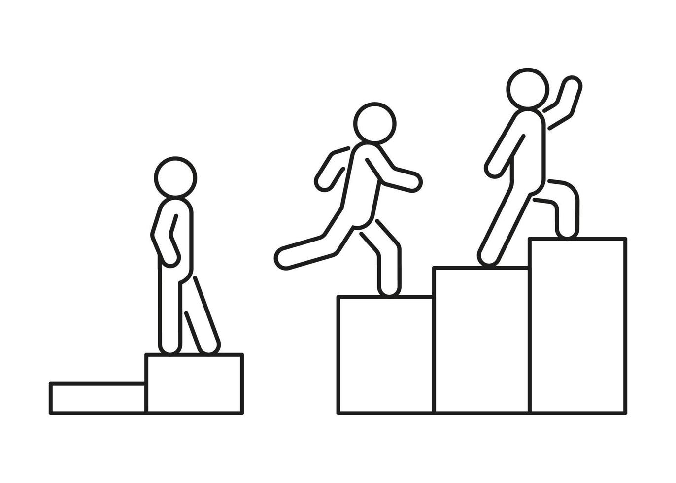 Progress skill worker, climbing stairs with obstacles, raising level in business, line art. Different levels of life on ladder. Achievement and success. Difficult path to goal. Vector illustration
