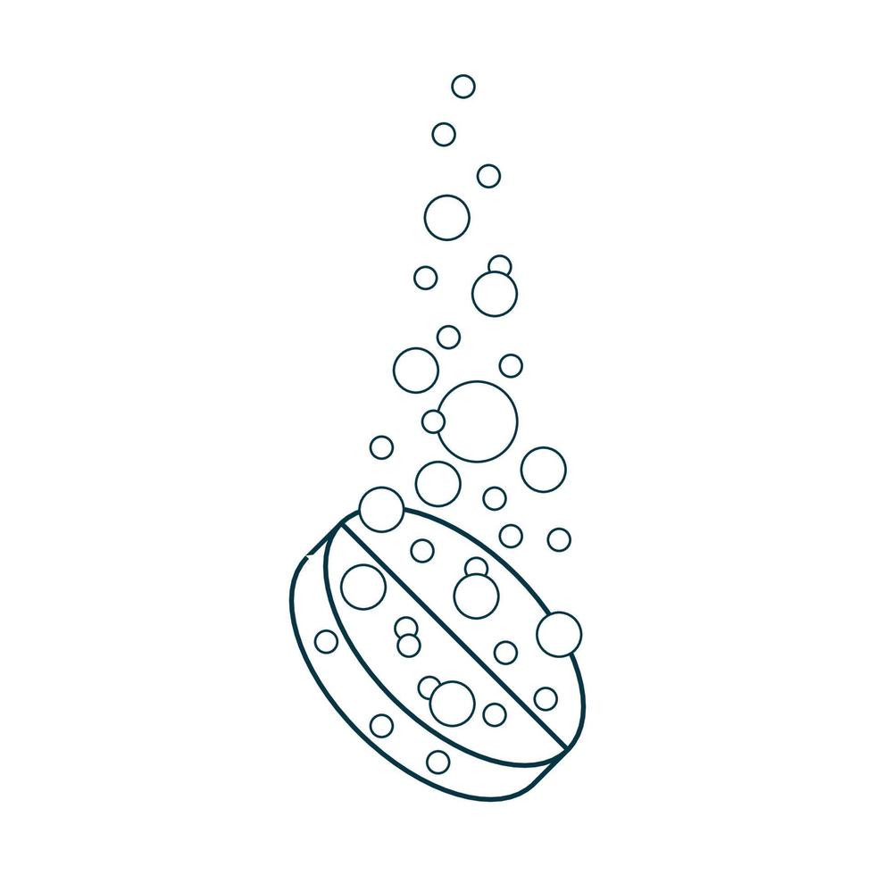 Dissolve effervescent tablet with bubbles, fizzy drug, line art. Dissolution process. Medication treatment. Vector