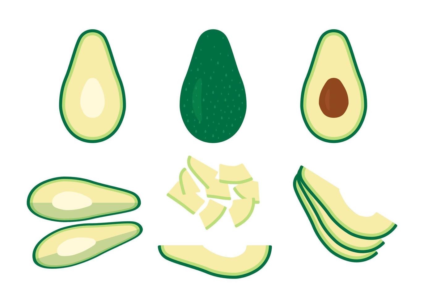 Green avocado whole, cut and slice. Cooking process. Set fruit avocado. Vector illustration