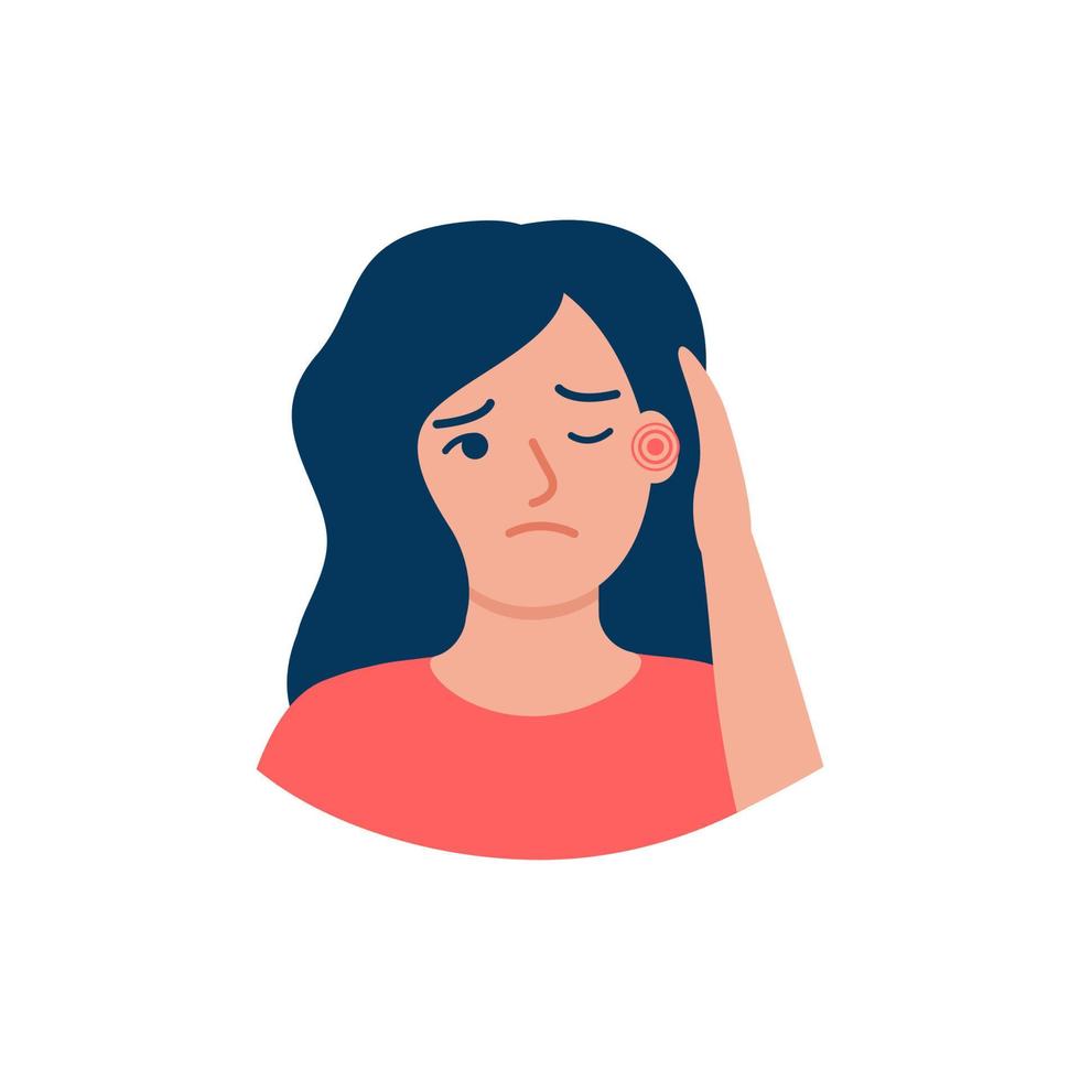 Earache of woman, hearing problems, pain of otitis, tinnitus. Girl is holding on to her ear. Painful sensations. Contacting an otolaryngologist for help and treatment. Vector illustration