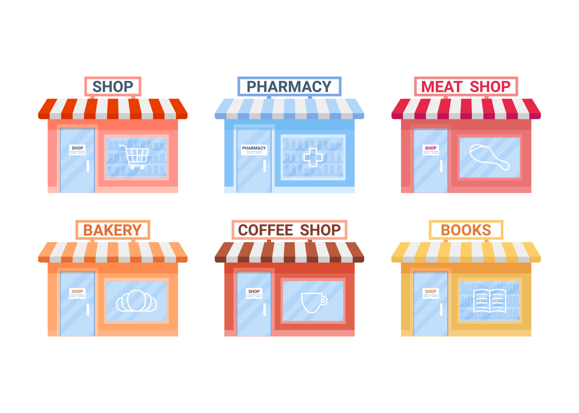 Different types of small commercial shops bakery, coffee, pharmacy